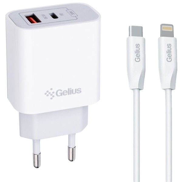 Фото - Сетевое зарядное устройство Gelius Merge GP-HC060 GAN USB+Type-C 35W (QC/PD/PPS) + кабель One GP-UCN013 Type-C to Lightning 1m (102933)